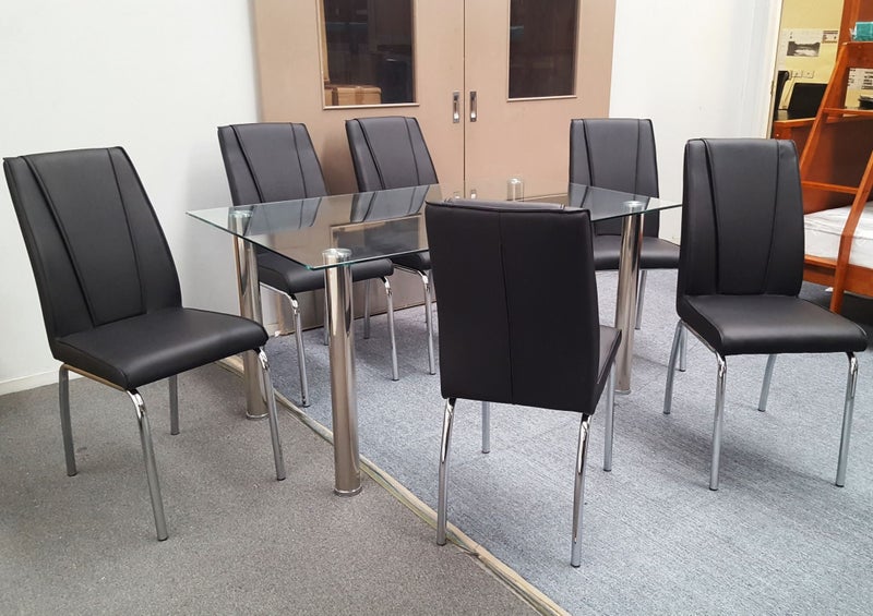 Melody Dining Table Clear Glass 1.5X0.9m with 6 Black Leo Dining Chair Carousel 1