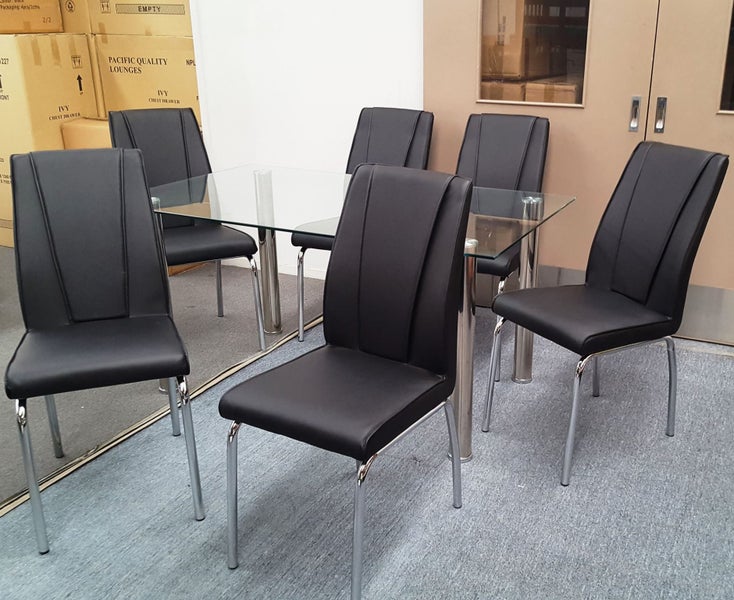 Melody Dining Table Clear Glass 1.5X0.9m with 6 Black Leo Dining Chair Carousel 2