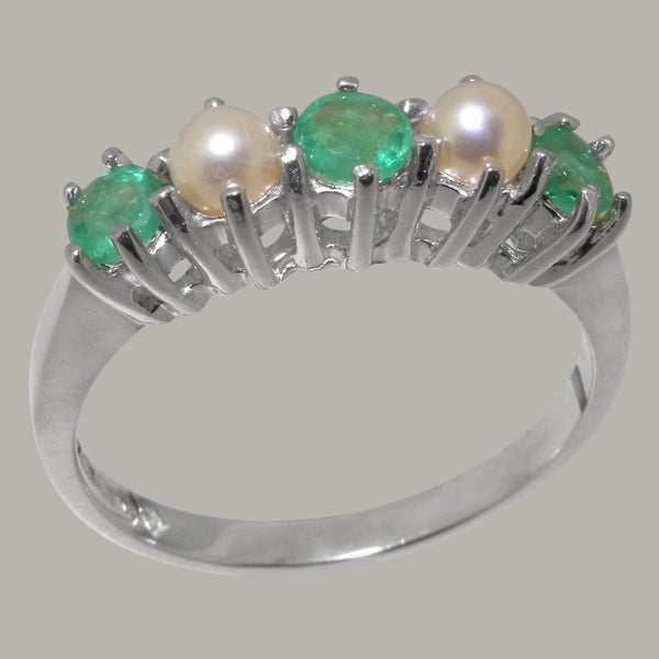 Sterling Silver Real Emerald & Pearl Womens Eternity Ring - Full 925 UK Hallmark Carousel 1