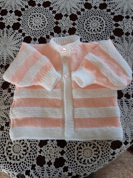 Hand knitted Apricote/White cardigan 9 - 12 months Carousel 1
