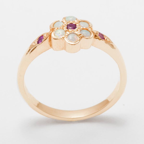 Rose Gold Natural Ruby & Opal Womens Cluster Ring - Full UK Hallmark Carousel 1
