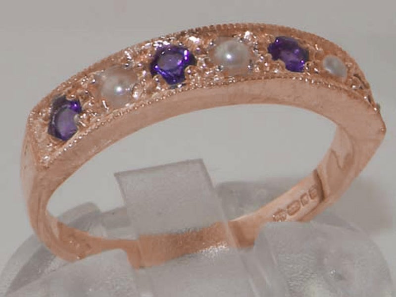 Rose Gold Pearl & Amethyst Womens Eternity Ring - Full UK Hallmark Carousel 1