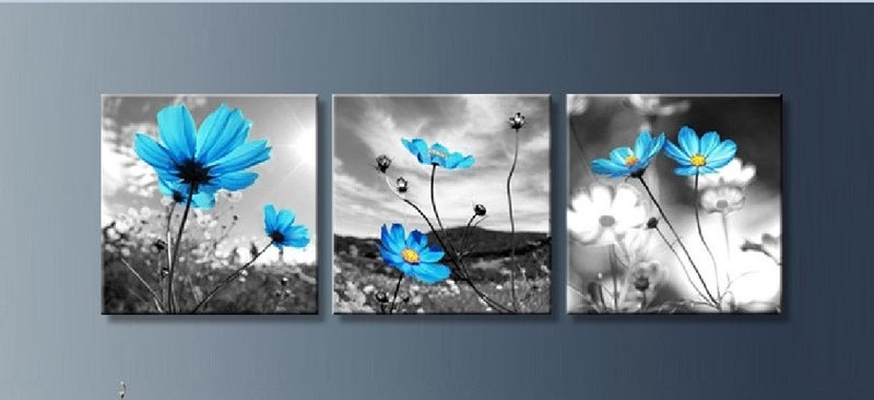 ON SALE FREE SHIPPING - 3 Piece Canvas Art Print - Blue Flowers Carousel 1