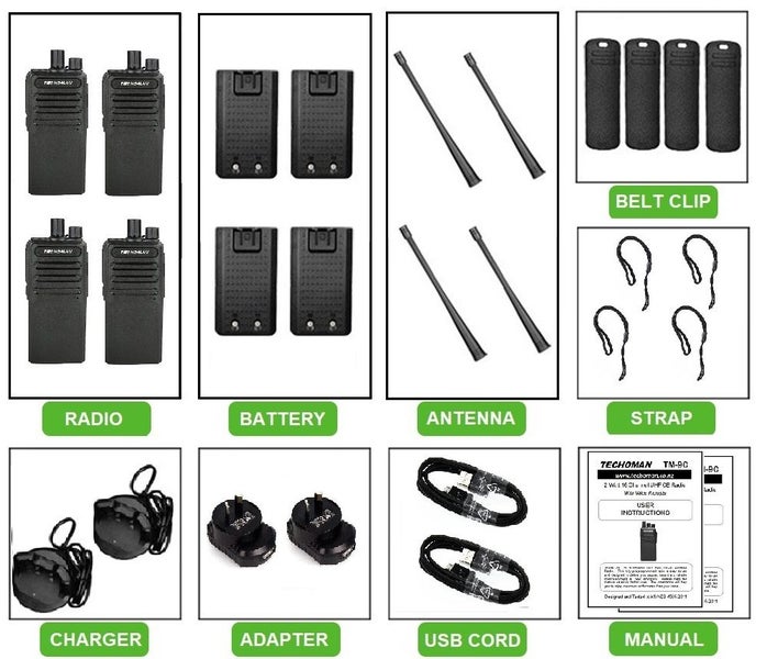 4x TECHOMAN TM-9C 2 WATT UHF PRS CB Walkie Talkies - 16 Channels - Standard S2 Carousel 2