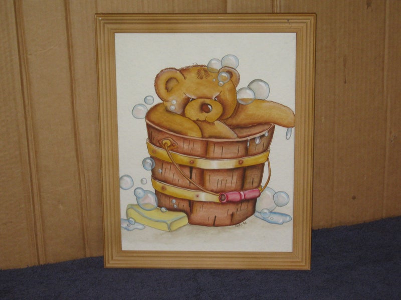 Nicky - Real cute ' Teddy Bear Bath in a Bucket ' Original Watercolour Painting Carousel 1