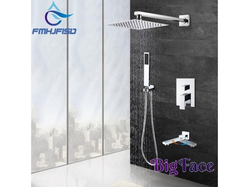 Modern Square Chrome Rain Shower Head Faucet W/ Hand Shower Sprayer Mixer Carousel 2