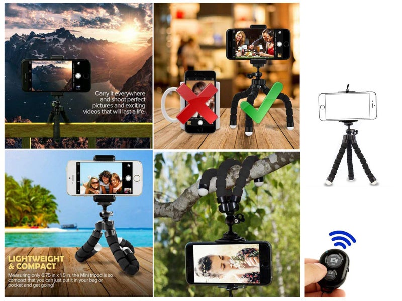 Flexible Phone Tripod + Bluetooth Remote Shutter kit for iPhone, Samsung- Black Carousel 12