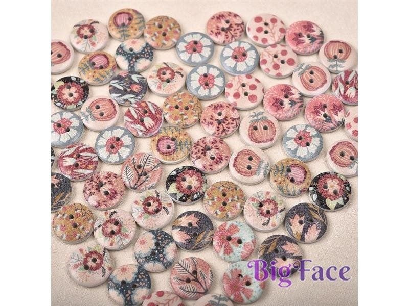 50Pcs New Flower Printed Round Wooden Button 2 Holes 15mm Mixed Wood Buttons Carousel 1