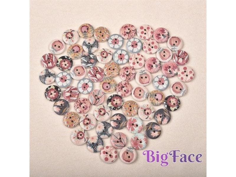 50Pcs New Flower Printed Round Wooden Button 2 Holes 15mm Mixed Wood Buttons Carousel 2
