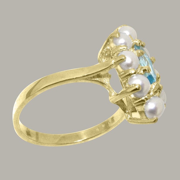 Gold Natural Blue Topaz & Pearl Womens Cluster Ring - Full 9ct UK Hallmark Carousel 2