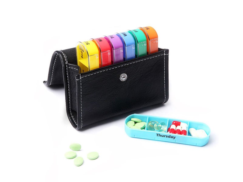 Pill Organizer Weekly Pill Box with PU Leather Carrying Case, AM/ PM/ Day/ Night Carousel 1
