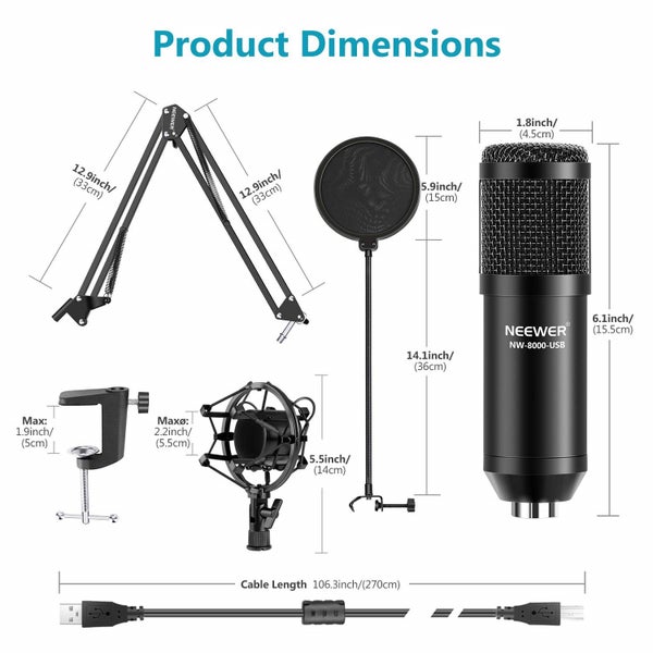 Neewer 192KHZ/24BIT USB Computer Cardioid Mic Podcast Condenser Microphone Kit Carousel 2