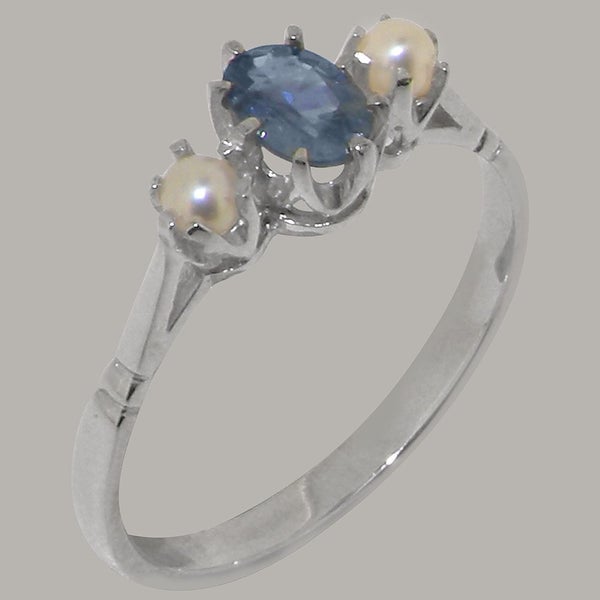 White Gold Natural Sapphire & Pearl Womens Trilogy Ring - Full 9ct UK Hallmark Carousel 1