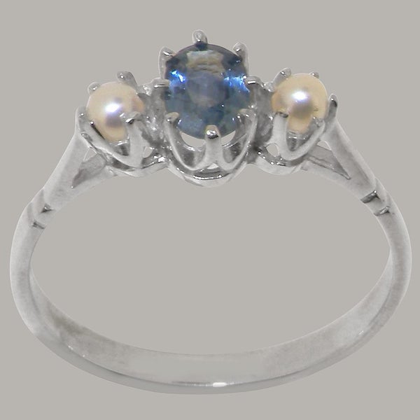 White Gold Natural Sapphire & Pearl Womens Trilogy Ring - Full 9ct UK Hallmark Carousel 2