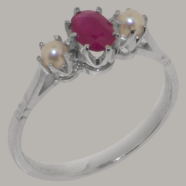 Sterling Silver Natural Ruby & Pearl Womens Trilogy Ring - Full 925 UK Hallmark Carousel 1