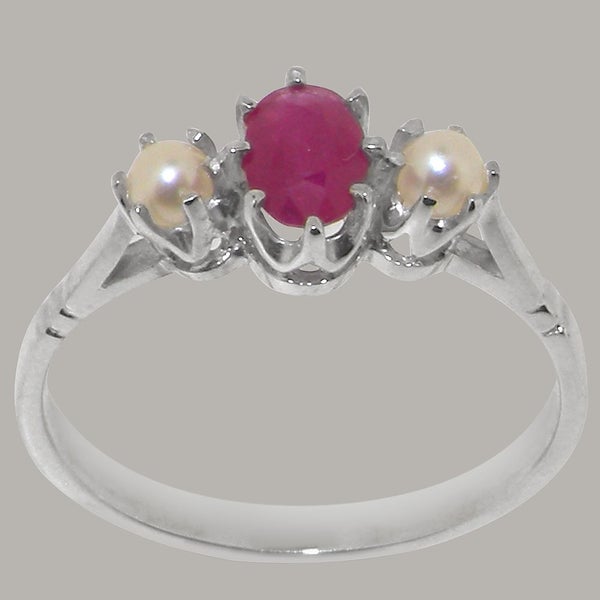 Sterling Silver Natural Ruby & Pearl Womens Trilogy Ring - Full 925 UK Hallmark Carousel 2