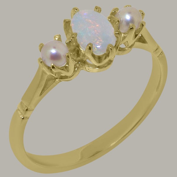 Gold Natural Opal & Pearl Womens Trilogy Ring - Full 9ct UK Hallmark Carousel 1