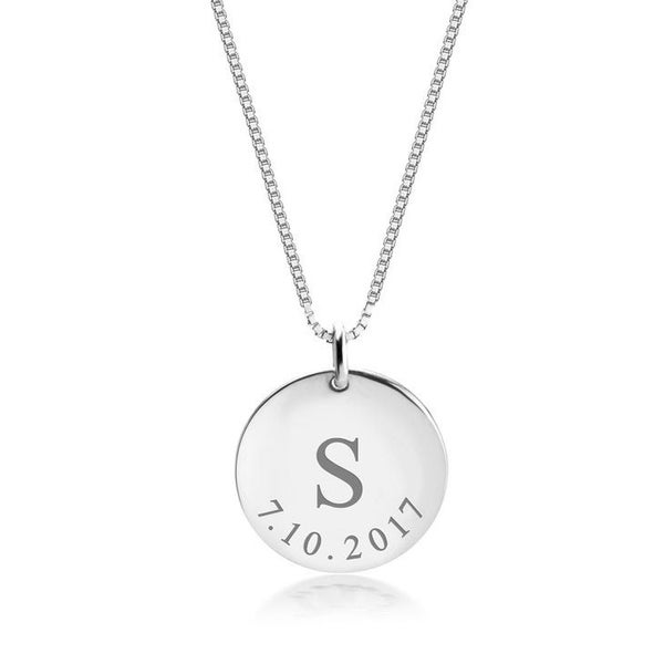 Sterling Silver Engraved Initial and Date Disc Necklace Carousel 1
