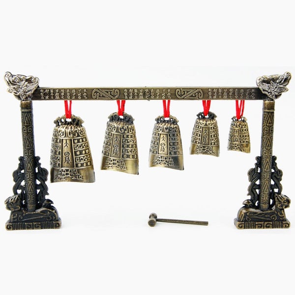 Chinese Musical Instrument Bronze Meditation Gong with 7 Ornate Cow Bell Set Carousel 1