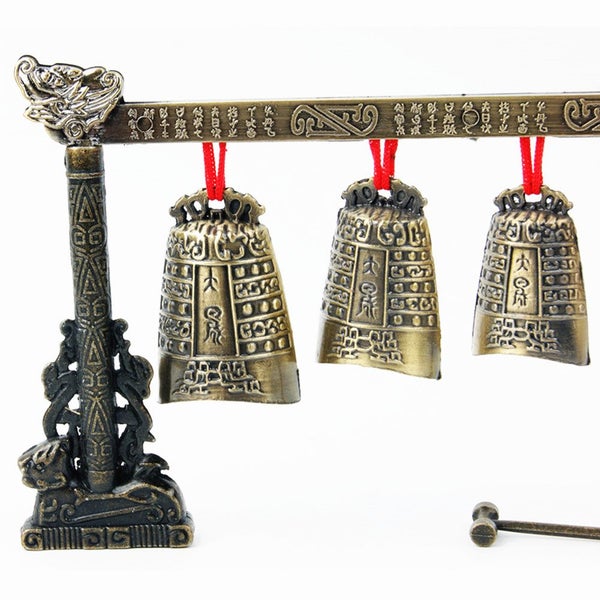 Chinese Musical Instrument Bronze Meditation Gong with 7 Ornate Cow Bell Set Carousel 2