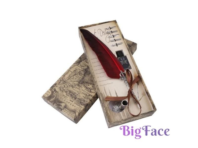 1Set Retro Vintage Calligraphy Feather Dip Pen Writing Ink Pen Dip Water Metal Carousel 1