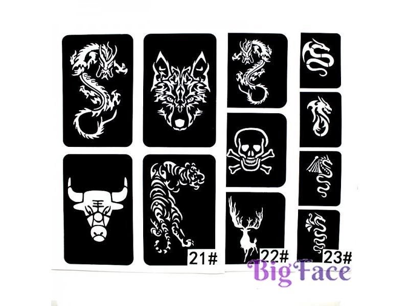 22PCS/Lot Glitter Airbrush Tattoo Stencil For Men Wolf Dragon Tiger Skull Carousel 1