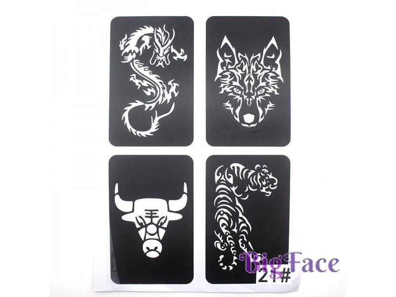 22PCS/Lot Glitter Airbrush Tattoo Stencil For Men Wolf Dragon Tiger Skull Carousel 2