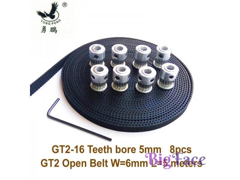 8pcs 16 Teeth GT2 Timing Pulley Bore 5mm 5Meters GT2 Timing Belt Wide 6mm 2GT Carousel 1