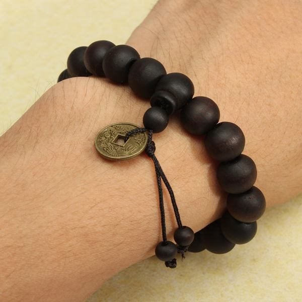 Vintage Unisex Black Buddhist Tibetan Prayer Wood Beads Coin Bracelet for Men Carousel 6