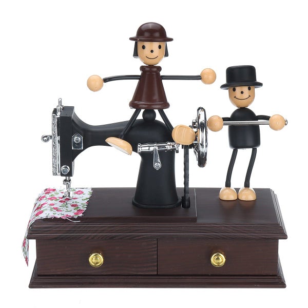 Wood Mechanical Vintage Mini Sewing Machine Music Box Christmas Table Home Decor Carousel 1