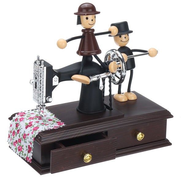 Wood Mechanical Vintage Mini Sewing Machine Music Box Christmas Table Home Decor Carousel 2