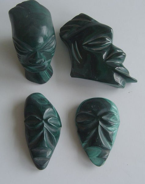 Malachite African Folk Art Masks x 3 + Carved Head Carousel 1