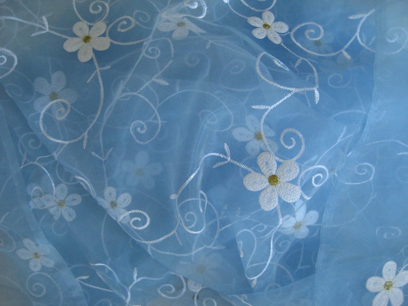 Rare EMBROIDERED Nylon SEWING FABRIC Blue and White MATERIAL 2m x 140cm Carousel 4