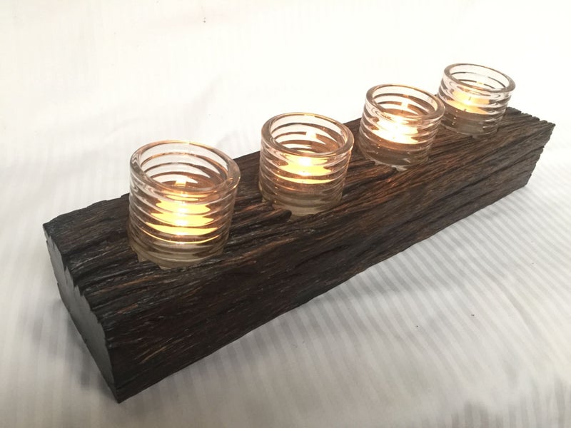 Wood Table Light with four glasses/candles (smoked look) Carousel 1