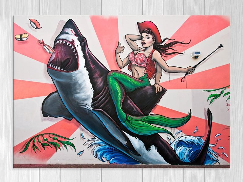 Mermaid - Pop Art - Shark - Graffiti Art - Red - Wall Art - Art Prints Carousel 1