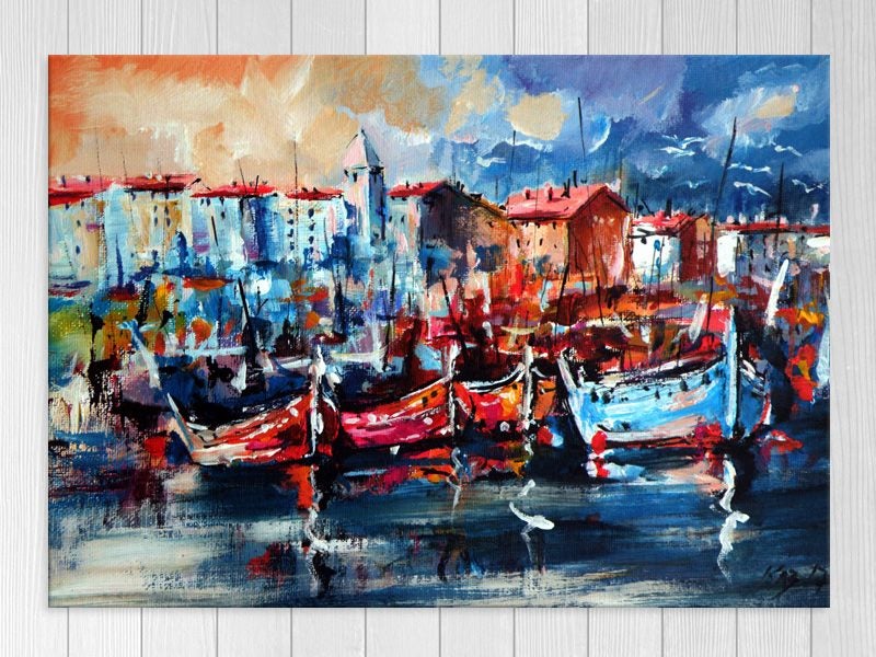 Boats - Landscape - Contemporary Art - Abstract - Blue - Orange - Art Prints Carousel 1