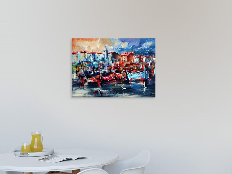 Boats - Landscape - Contemporary Art - Abstract - Blue - Orange - Art Prints Carousel 2
