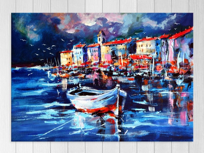 Boats - Landscape - Contemporary - Abstract - Blue - Red - Wall Art - Art Prints Carousel 1