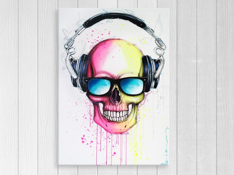 Music Skull - Pop Art - Pink, Yellow - Graffiti - Wall Art Carousel 1