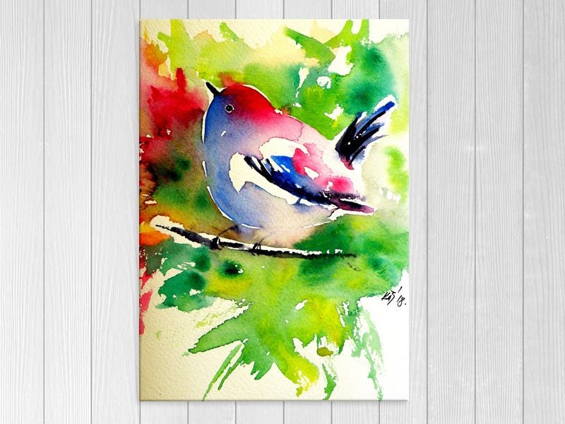 Bird - Green - Red - Watercolour - Contemporary Art - Wall Art - Art Prints Carousel 1