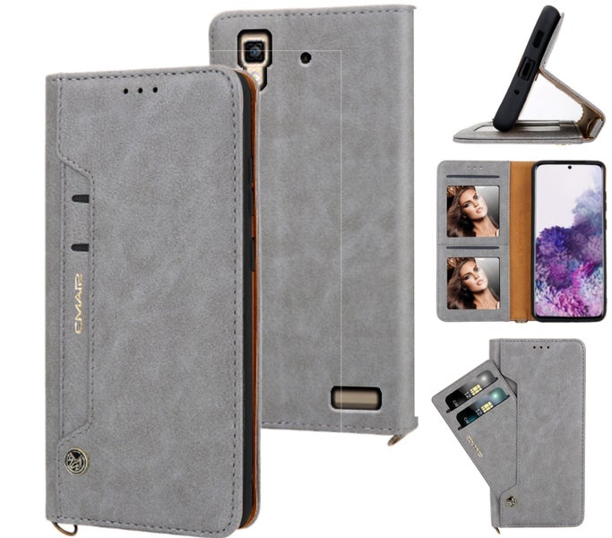 Oppo r7 leather wallet case front pocket 6 cards grey Carousel 1