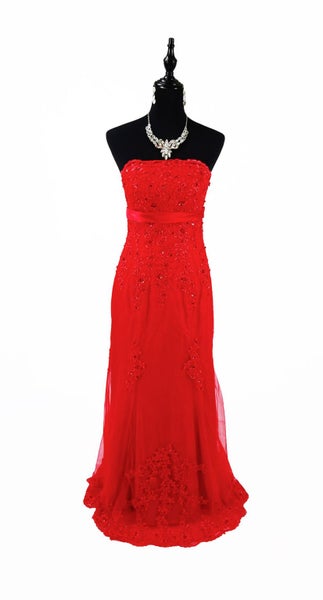 Ball Dress Formal Wear Strapless Beaded Red Lace Overlay Trumpet Size 12/14 Carousel 2