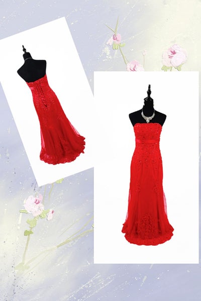 Ball Dress Formal Wear Strapless Beaded Red Lace Overlay Trumpet Size 12/14 Carousel 1