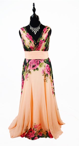Evening Ball Dress V neckline Apricot with Floral Designs - Chiffon Dress Carousel 2