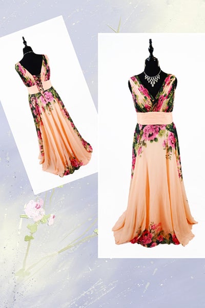 Evening Ball Dress V neckline Apricot with Floral Designs - Chiffon Dress Carousel 1