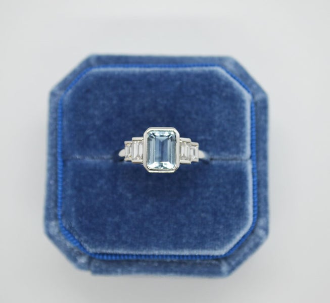 Art Deco Style Platinum Emerald Cut Aquamarine & Diamond Engagement Ring Carousel 2