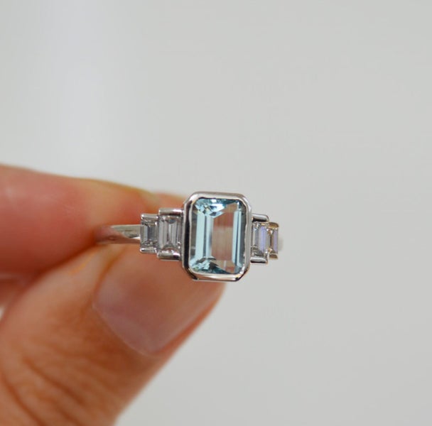 Art Deco Style Platinum Emerald Cut Aquamarine & Diamond Engagement Ring Carousel 1