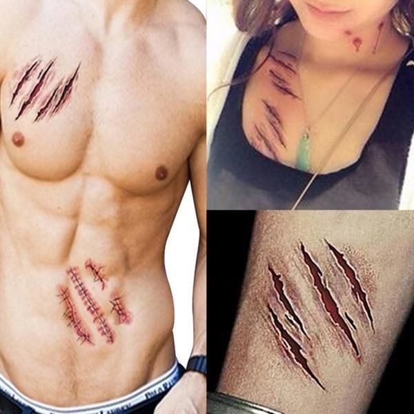 3Pcs Halloween Zombie Scars Tattoos Fake Scab Bloody Makeup Terror Wound Scary B Carousel 1