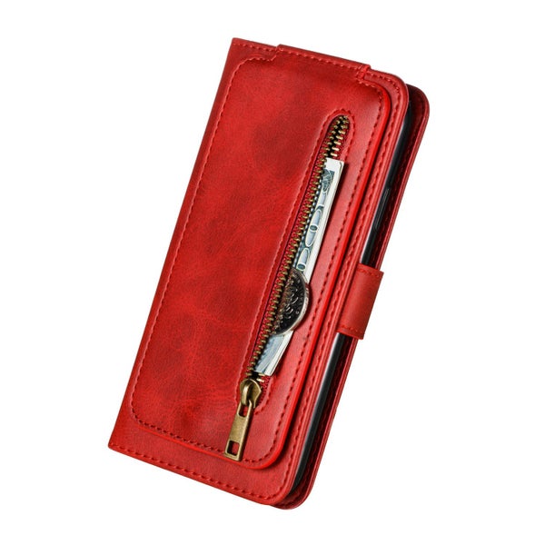 Alcatel 1 5033T Leather Wallet Case 9 Card Slots Vertical Flip & Zipper (red) Carousel 5