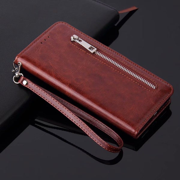 Oppo Reno8 pro PU leather wallet case card slots zip side magnet brn Carousel 2
